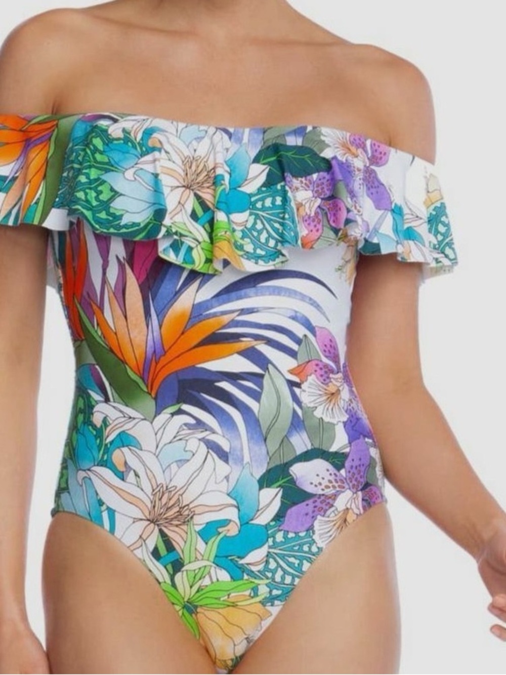 Trina Turk Amazonia Multicolor Tropical Floral Off-Shoulder One-Piece